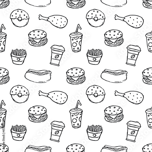Seamless fast food pattern. fast food background. Doodle fastfood icons. Drawn food pattern