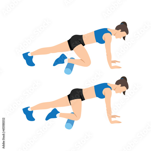 Woman doing foam roller anterior tibialis or shin stretch. Flat vector illustration isolated on white background