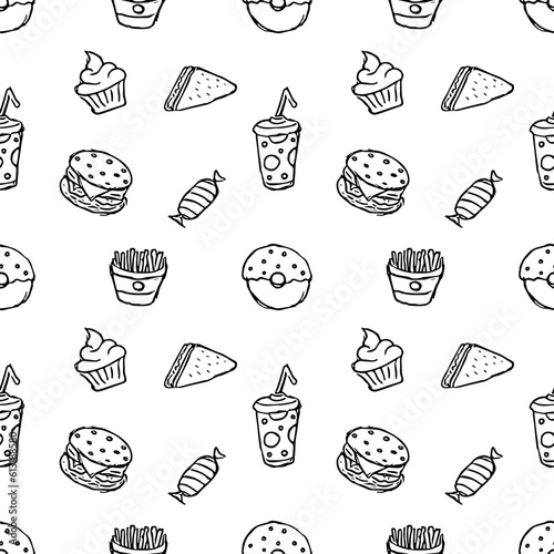 Seamless fast food pattern. fast food background. Doodle fastfood icons. Drawn food pattern