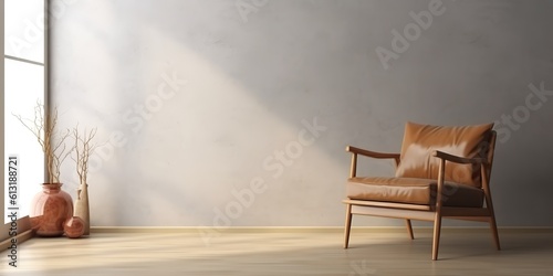 Fototapeta Naklejka Na Ścianę i Meble -  AI Generated. AI Generative. Minimalistic living room design decoration with elegant armchair at wall wirh plant and cozy decor. Graphic Art