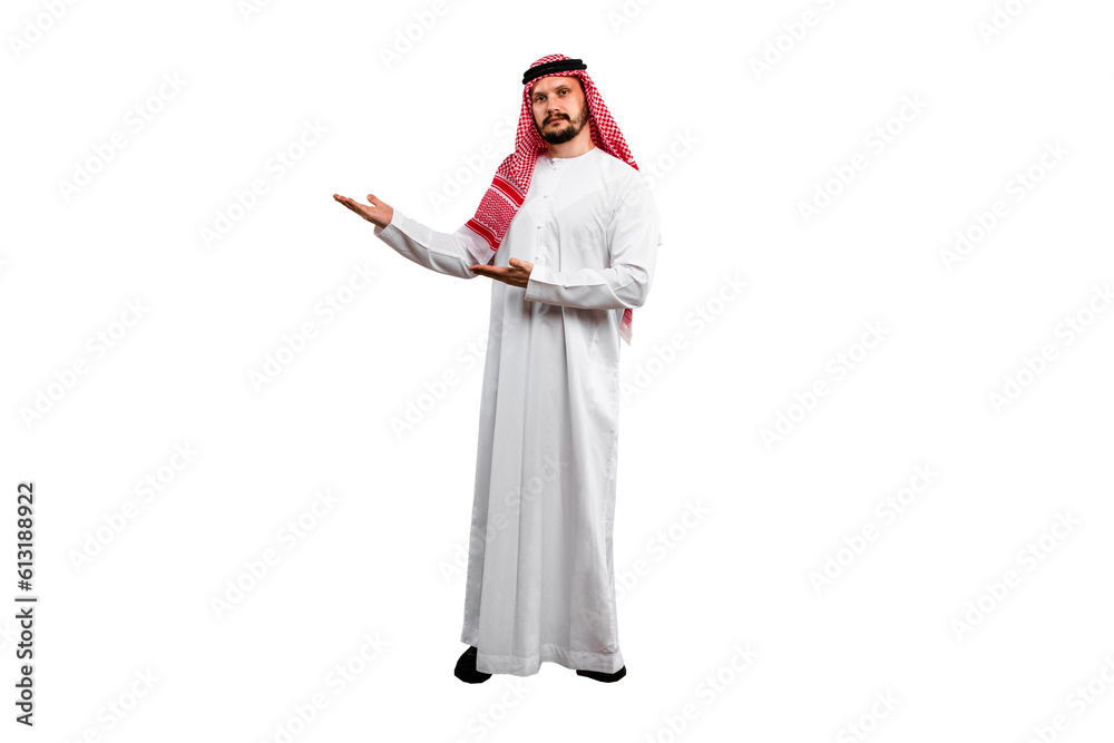 Arabian man on white background in traditional costume, with various expressions, hand gestures and poses.Ready for cutting and editing.