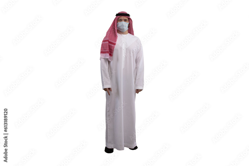 An Arab man wearing a mask on a white background in traditional costume, with different expressions, hand gestures and poses. Ready for cutting and editing.