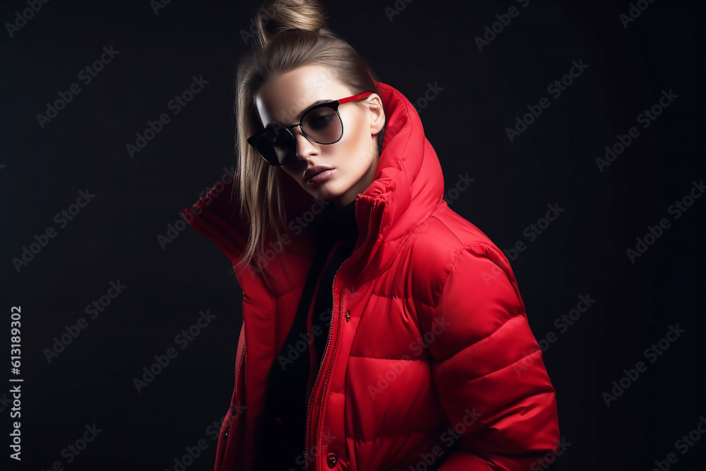 Fashion model in red suit and sunglasses, Studio shot, generative AI tools