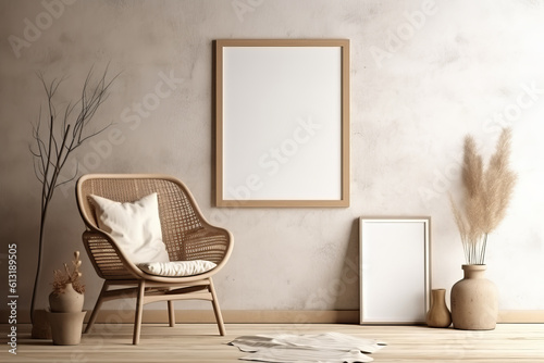 Pitcure frame mockup on the wall. Modern living design, Boho style interior with chair.