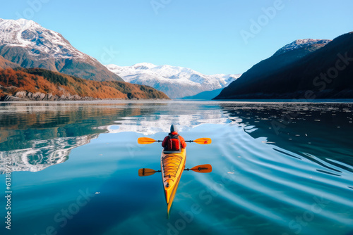 Kayaking in Alaska, a person with kayak enjoying a stunning view of Alaska. Generative AI