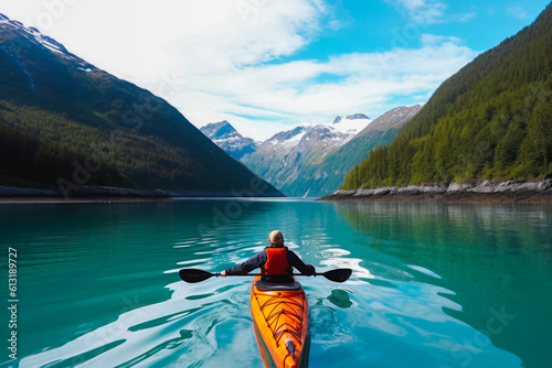 Kayaking in Alaska, a person with kayak enjoying a stunning view of Alaska. Generative AI