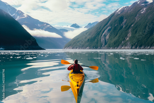 Kayaking in Alaska, a person with kayak enjoying a stunning view of Alaska. Generative AI