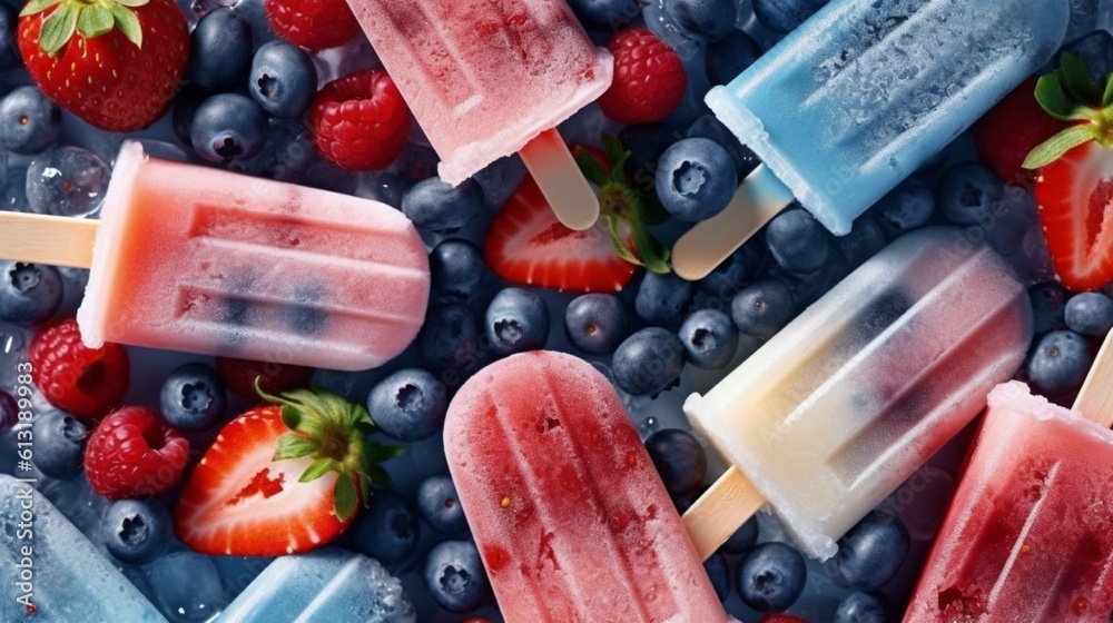 Ice cream popsicles with fruit, berries and ice, top view, flat lay. Summer dessert, frozen fruit juice generative ai
