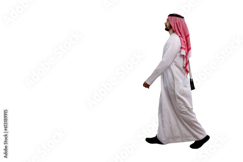 Arabic man walking sideways isolated white background in traditional costume. Ready for cutting and editing. photo