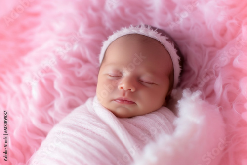 Newborn wrapped in a white blanket, lying in bed, plush toy, white bedsheet background, two months old, baby photography. Happy young baby in diaper lying on white sheet. AI Generative