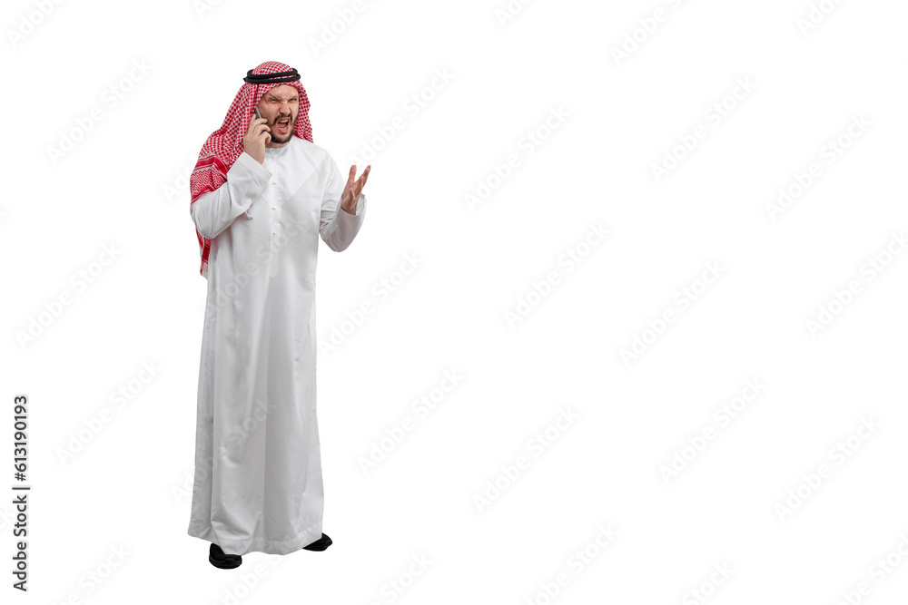 Arab man swearing on phone isolated white background in traditional costume. Ready for cutting