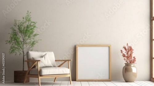 Interior poster mockup with vertical wooden frame in home interior background generative ai © Rinku