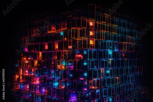 Abstract tetris city building. Colorful blocks of light stacked into skyscraper. Technology connection architecture.