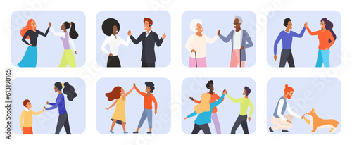 People giving high five, support gestures set vector illustration. Cartoon isolated scenes with elderly and young female and male characters, colleagues and friends, mom and son give five together