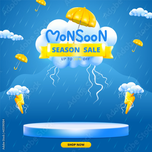 Monsoon season banner sale with podium design with 3d clouds lightning yellow umbrellas