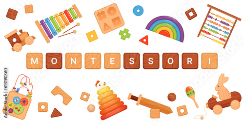 Montessori banner design vector illustration. Cartoon isolated wooden cubes with Montessori lettering, geometric puzzle blocks and abacus, pyramid and rainbow toys for early kids development