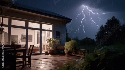 a thunderstorm with lightning from home. Generative AI photo