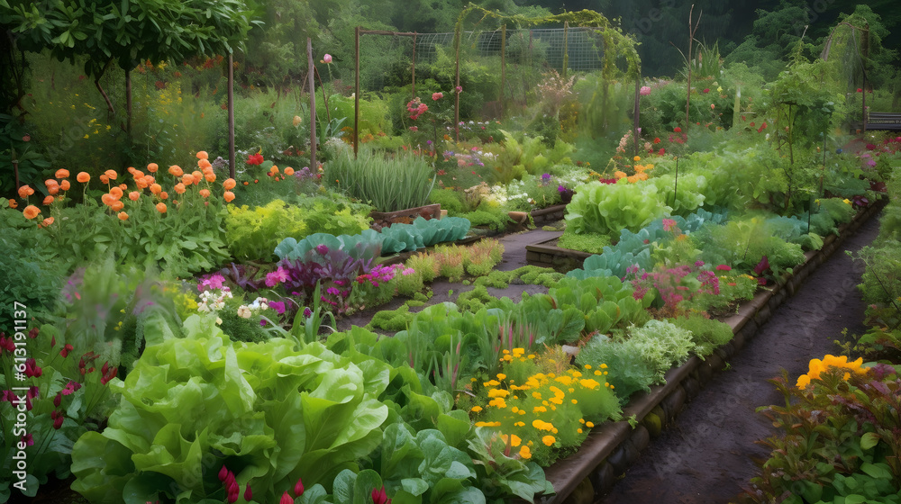 Delve into the vibrant world of gardening and vegetables, where lush green foliage and colorful blossoms flourish. The camera captures the symphony of nature, with rows of neatly planted Generative AI
