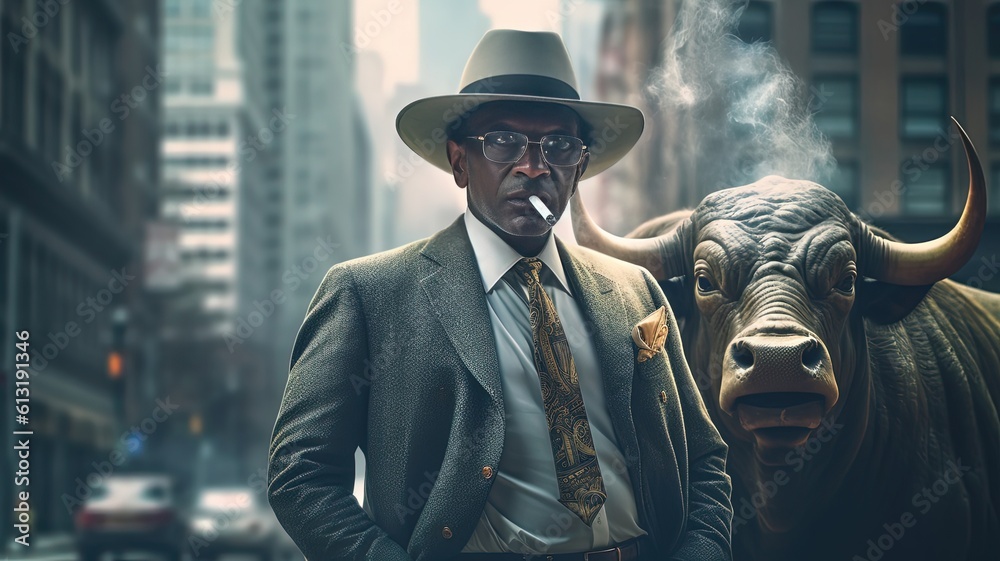 a bossy business man with big bull and cityscape background, Generative Ai
