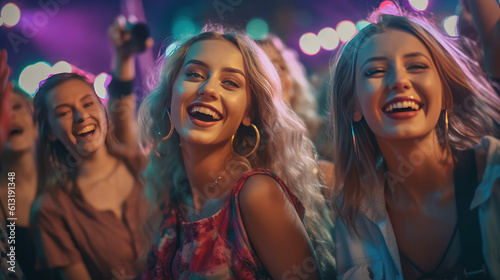 Beautiful girl / women having fun at a music festival / concert at night / after dark.