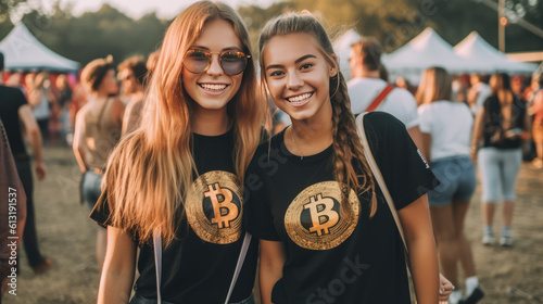 Young friends, cryptocurrency t-shirts. Modern, stylish group showcasing blockchain passion.