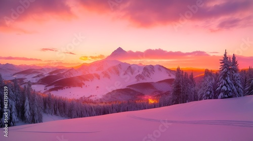 Golden Hour Glow: Sunset Paints the Sky Above Snow-Covered Ski Slopes and Majestic Mountain Peaks with Warm Oranges and Tranquil Pinks. © LHOMedia