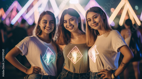 Young friends don cryptocurrency tees amid the festival's energy, blending fashion with crypto fervor.
