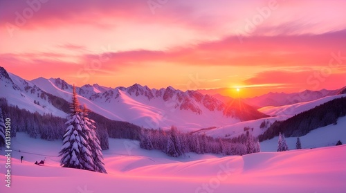 Evening Magic: Snow Blankets Ski Slopes and Mountain Peaks, Reflecting the Warm Oranges and Pinks of the Vibrant Setting Sun. © LHOMedia