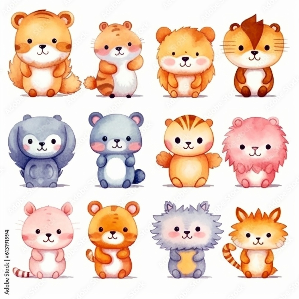 Animal cartoon characters on white background, created with generative AI