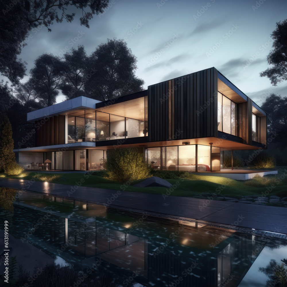 Modern luxury country house with swimming pool. Modern architecture. AI generative.