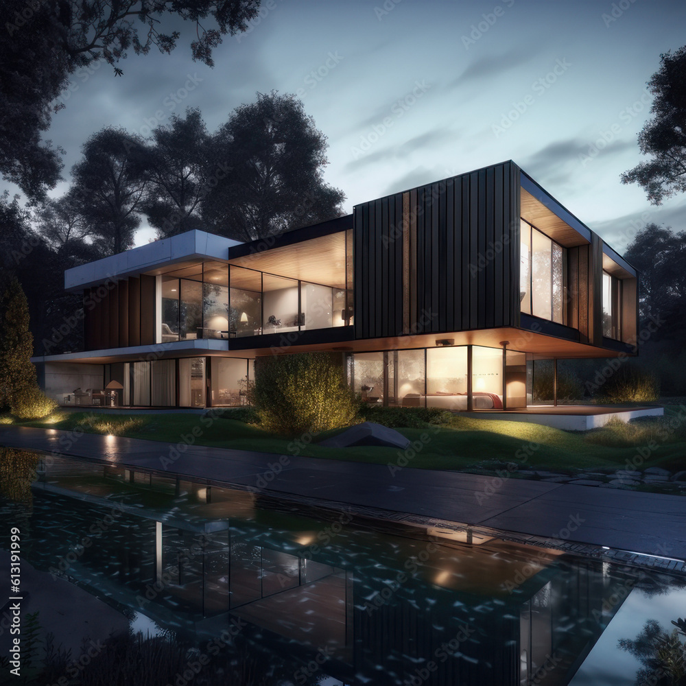 Obraz premium Modern luxury country house with swimming pool. Modern architecture. AI generative.