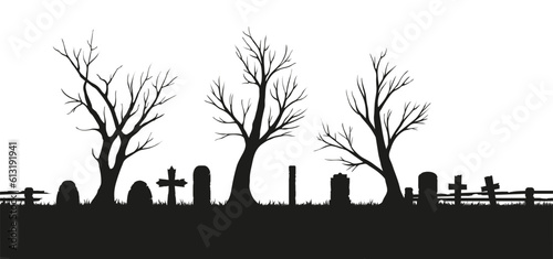 The hand drawn vector set of dead trees in a cemetery with tombstones. 