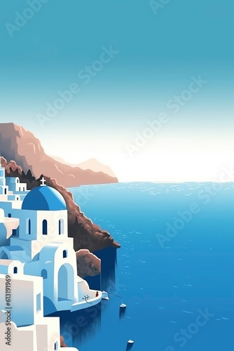 Mnimalist flat illustration poster of Santorini island in Greece, created with generative AI