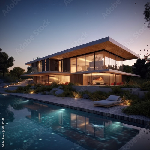Modern luxury house with swimming pool. Modern architecture. AI generative. © Iaroslav