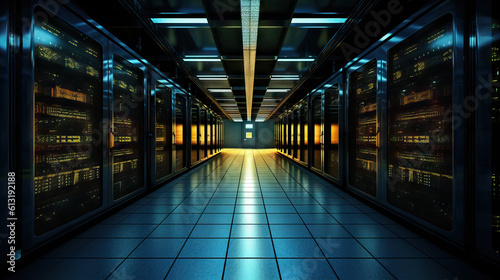 Illustration of a data center, showing computer servers glowing in the dark. Cloud be used to show cloud data storage, internet service providers, etc.