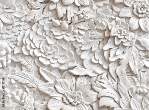 Patterns on the ceiling gypsum sheets of white flowers, plaster background - floral pattern, seamless pattern. Created with Generative AI technology. © lililia