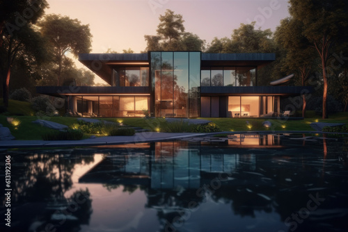 Modern luxury house with pool, evening. AI generative.