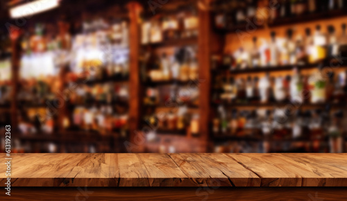 Wooden table with blurred liquor bar background