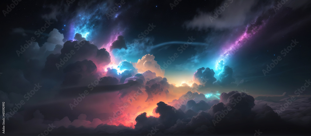 Warm Glow of Nebula, Vibrant Night Sky. vibrant colors in the night sky as a distant galaxy emanates a mesmerizing neon glow.  warm glows illuminate the clouds or nebula in the night sky. 
