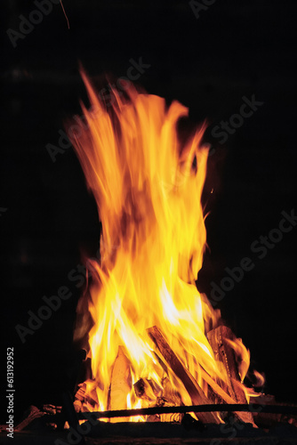 burning hot fireplace. high flames background. cooking on open fire concept