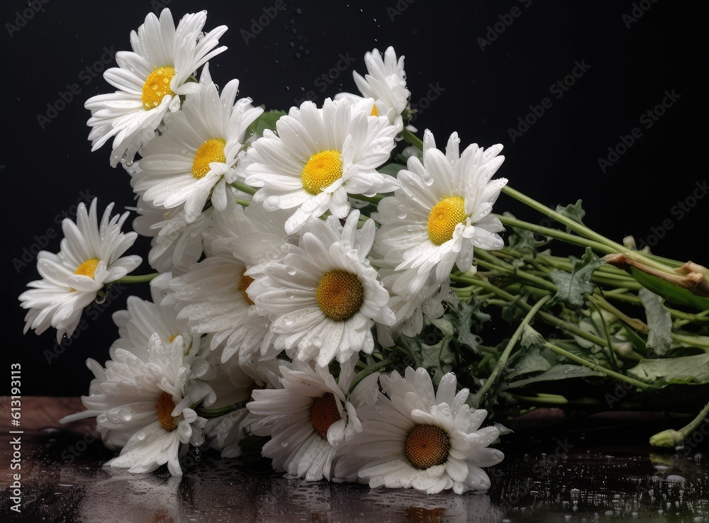 Obraz premium A bunch of white daisy flowers on rustic chalkboard table surface, with blur copy space background. Created with Generative AI technology.