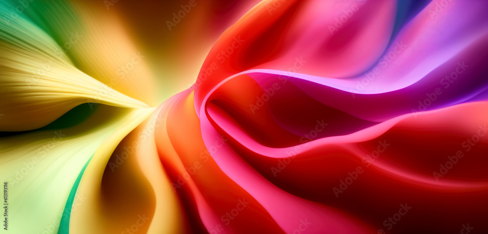 Fototapeta premium Abstract background featuring vibrant silk in an array of captivating colors including green, yellow, red, and purple. smooth and silky curves that create a visually stunning experience.