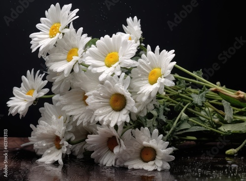 A bunch of white daisy flowers on rustic chalkboard table surface, with blur copy space background. Created with Generative AI technology.