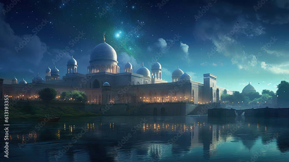 Beautiful Mosque Night Background, Religious Background, with sky and moon, Ai Generative