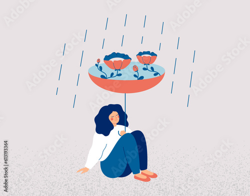 Woman sees opportunities for growth in crisis. Girl with an extraordinary outlook on life and mindset. Non-standard and unique ideas.Personal development, psychological and emotional well-being.Vector