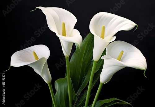 Calla flowers on the dark background place for a text. Created with Generative AI technology.