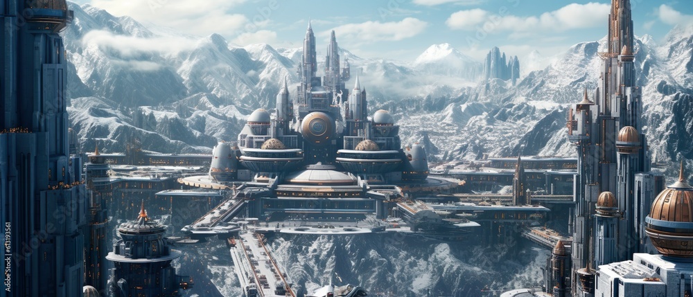 Futuristic city on snowy mountains