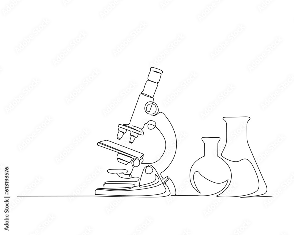 Continuous one line drawing of microscope and laboratory test tube