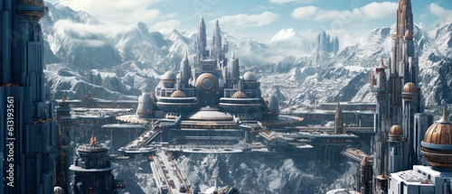 Futuristic city on snowy mountains