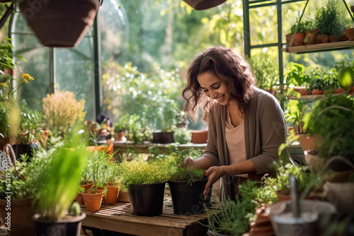Enthusiastic Female Owner Tending to Potted Plants in a Modern Garden Center. Generative AI,